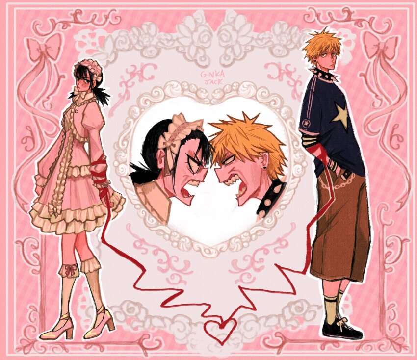 1boy 1girl alternate_costume black_hair blonde_hair blue_shirt brown_shorts chainsaw_man collar denji_(chainsaw_man) dress frilled_dress frills ginka_jack highres kneehighs low_twintails medium_hair mitaka_asa pink_dress sharp_teeth shirt short_hair shorts socks spiked_collar spikes star_(symbol) star_print teeth twintails white_headdress white_high_heels white_socks
