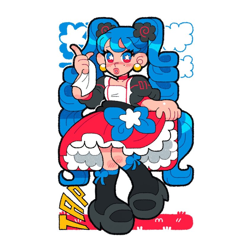 1girl black_shoes black_socks blue_eyes blue_hair blue_ribbon blush bright_pupils chile chilean_dress cloud dress earrings full_body hair_ornament hatsune_miku highres holding jewelry long_hair looking_at_viewer mole mole_under_eye multicolored_eyes parted_lips puffy_short_sleeves puffy_sleeves red_eyes ribbon shoes short_sleeves socks solo standing star-shaped_pupils star_(symbol) symbol-shaped_pupils thomdrower twintails two-tone_eyes very_long_hair vocaloid white_pupils worldwide_miku