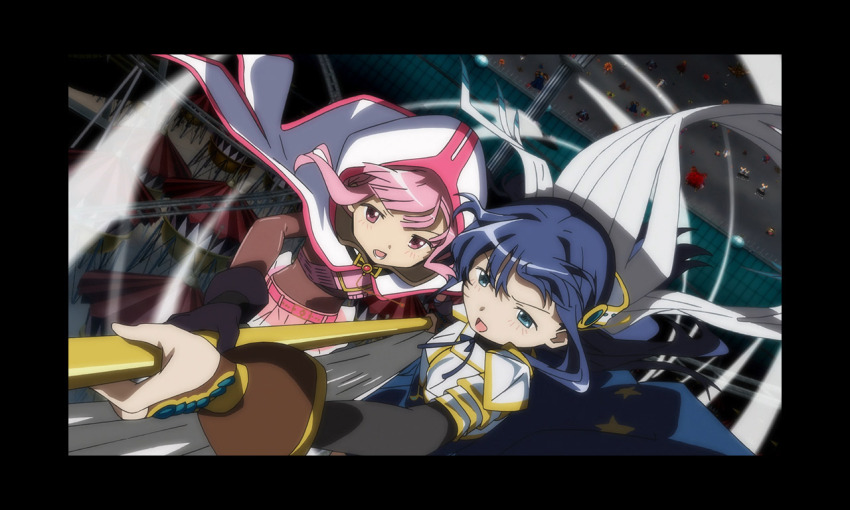 2girls anime_coloring armor artist_request attack belt belt_buckle black_border black_gloves black_shirt blue_dress blue_eyes blue_gemstone blue_hair blue_ribbon blunt_bangs bodystocking border breastplate brown_bridal_gauntlets buckle circus cloak cowboy_shot crescent crescent_necklace crop_top determined dot_nose dress floating_clothes floating_hair game_cg gem gloves hair_ornament holding holding_polearm holding_weapon hood hood_up hooded_cloak jewelry light_blush long_dress long_hair long_sleeves lower_teeth_only magia_record:_mahou_shoujo_madoka_magica_gaiden magical_girl mahou_shoujo_madoka_magica miniskirt multiple_girls nanami_yachiyo neck_ribbon necklace official_art open_mouth outdoors pauldrons pink_belt pink_eyes pink_hair pink_skirt pleated_skirt polearm ribbon sharing shirt shoulder_armor skirt sleeveless sleeveless_dress star_(symbol) star_print storm studded_belt tamaki_iroha teeth turtleneck turtleneck_shirt uwasa_(madoka_magica) veil weapon white_cloak white_veil wind