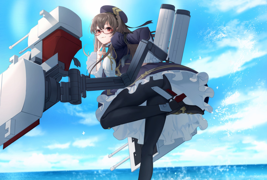 1girl :3 ahoge aiguillette arm_ribbon ass azur_lane beret blue_dress blue_hat blue_sky blush breasts brown_hair commentary_request cowboy_shot day dress eyebrows_hidden_by_hair female_focus finger_to_own_chin framed_breasts frilled_dress frilled_shirt_collar frilled_sleeves frills from_behind glasses hair_between_eyes hand_on_own_hip hat high_heels large_breasts london_(azur_lane) london_(retrofit)_(azur_lane) long_hair long_sleeves looking_at_viewer machinery masoo ocean outdoors pantyhose red-framed_eyewear red_eyes retrofit_(azur_lane) ribbon rigging rudder_footwear semi-rimless_eyewear ship_turret sidelocks sky smile smokestack solo standing standing_on_one_leg twintails under-rim_eyewear wide_sleeves