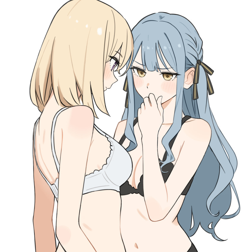 2girls absurdres add_leir bang_dream! bang_dream!_it&#039;s_mygo!!!!! black_bra black_ribbon blonde_hair blue_hair blush bra breasts chinese_commentary cleavage commentary_request hair_ribbon highres long_hair looking_at_another medium_breasts medium_hair misumi_uika multiple_girls navel purple_eyes ribbon small_breasts togawa_sakiko two_side_up underwear underwear_only white_bra yellow_eyes yuri