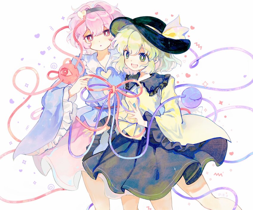 2girls black_hat blue_shirt bright_pupils buttons collared_shirt commentary contrast_collar english_commentary frilled_shirt_collar frilled_sleeves frills green_eyes green_hair green_skirt hat hat_ribbon heart heart_button heart_of_string highres komeiji_koishi komeiji_satori long_sleeves multiple_girls open_mouth pink_hair pink_skirt red_eyes ribbon shirt short_hair skirt third_eye touhou white_pupils wide_sleeves yellow_ribbon yellow_shirt youshouhaoxianzhe