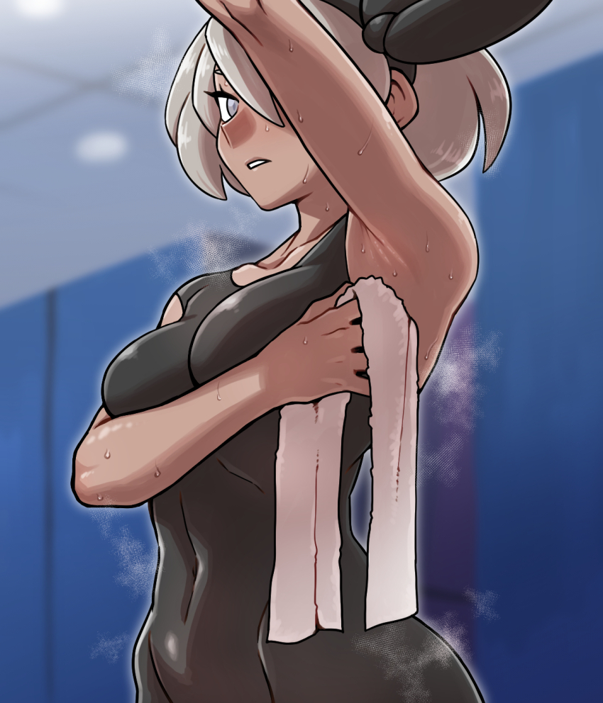 1girl arm_up armpits bea_(pokemon) black_bodysuit black_hairband blurry blurry_background bodysuit bow_hairband breasts ceiling collarbone commentary_request covered_navel eyelashes grey_eyes grey_hair hairband highres holding holding_towel indoors locker locker_room nintendo nutkingcall pokemon pokemon_swsh solo steaming_body sweat towel wiping_sweat