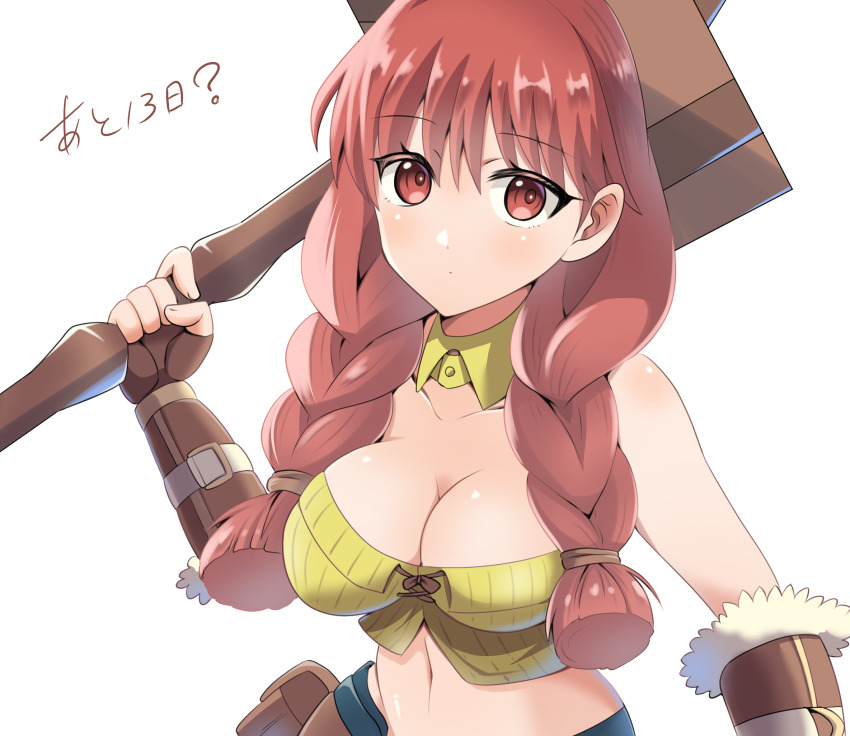 1girl bandeau blush braid breasts brown_gloves cleavage closed_mouth commentary_request detached_collar expressionless fingerless_gloves fur-trimmed_gloves fur_trim gloves highres large_breasts long_hair looking_at_viewer midriff navel ragnarok_online ragnarok_origin red_eyes red_hair simple_background solo sugata_ubo twin_braids upper_body white_background whitesmith_(ragnarok_online) yellow_bandeau yellow_collar