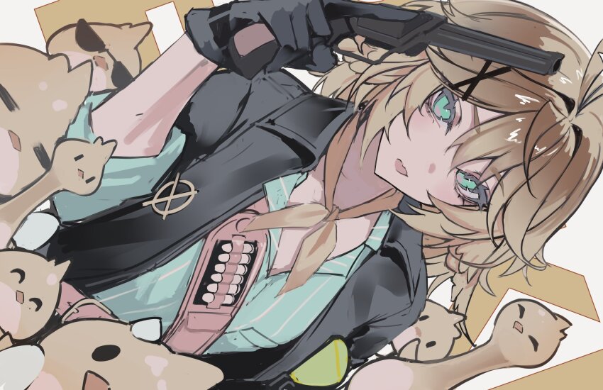 1girl ammunition black_gloves black_jacket blonde_hair dokibird_(vtuber) dokibird_(vtuber)_(bounty_hunter) dragoon_(dokibird) fang gloves green_eyes gun hair_between_eyes hair_ornament handgun hashtag-only_commentary highres holding holding_gun holding_weapon indie_virtual_youtuber jacket medium_hair naokomama neckerchief official_alternate_costume open_clothes open_jacket open_mouth revolver shirt skin_fang sleeves_rolled_up solo sunglasses virtual_youtuber weapon x_hair_ornament yellow_neckerchief