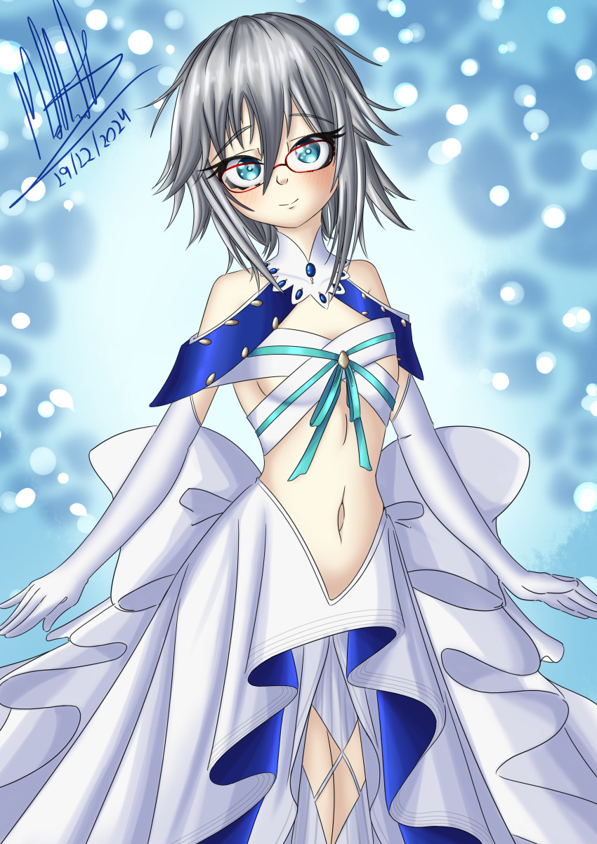 1girl absurdres blue_eyes breasts date_a_live dress glasses highres honjou_nia medium_breasts short_hair solo variant_set white_hair