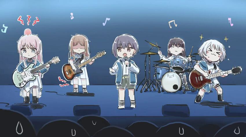 5girls :3 bang_dream! bang_dream!_it&#039;s_mygo!!!!! bite_mark_on_leg black_hair blue_jacket brown_hair chihaya_anon closed_eyes closed_mouth bass_guitar electric_guitar grey_hair grey_skirt guitar hair_between_eyes highres injury instrument jacket kaname_raana long_hair long_sleeves lyy mole mole_under_eye multiple_girls music musical_note mygo!!!!!_(bang_dream!) nagasaki_soyo open_clothes open_jacket open_mouth pink_hair playing_instrument shiina_taki shirt short_hair short_sleeves singing skirt sweatdrop takamatsu_tomori white_hair white_shirt