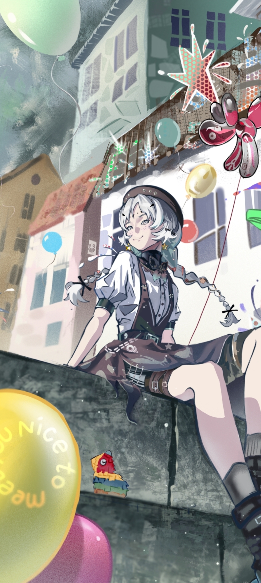 1girl absurdres balloon balloon_animal balloon_party beret black_boots black_bow black_bowtie black_hat black_skirt boots bow bowtie braid closed_mouth cropped facial_mark feet_out_of_frame forehead_mark freckles from_below graffiti grey_eyes grey_sky grey_socks hat highres house long_hair looking_at_viewer low_twin_braids luojia_ying miniskirt overall_skirt overcast pinata puffy_short_sleeves puffy_sleeves reverse:1999 shirt short_sleeves sitting skirt sky smile socks solo turning_head twin_braids white_hair white_shirt