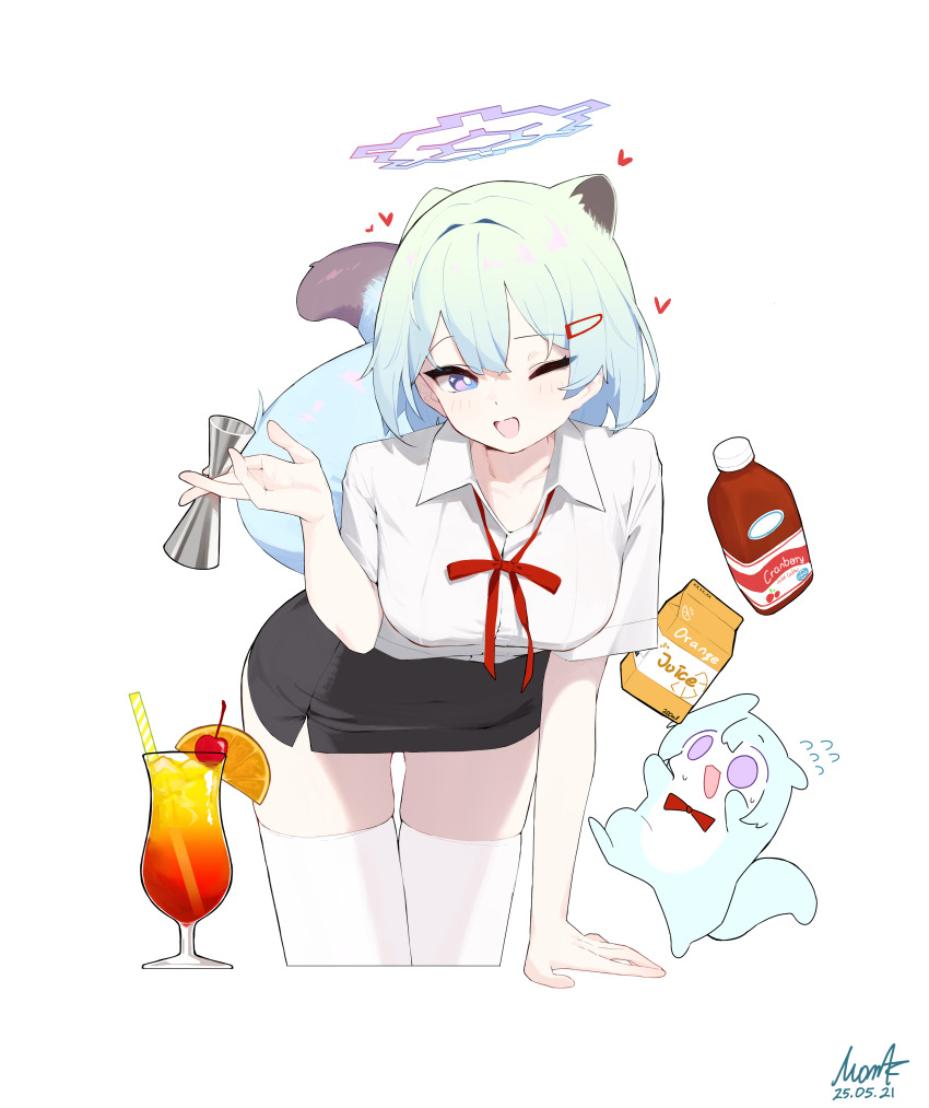 1girl absurdres alternate_costume animal_ears aqua_hair aqua_tail arm_support artist_name bartender black_skirt blue_archive blue_halo breasts bright_pupils collared_shirt commentary cranberry cup dated drinking_glass extra_ears flying_sweatdrops hair_between_eyes halo heart highres holding juice juice_box leaning_forward looking_at_viewer medium_breasts miniskirt mona_kkkk neck_ribbon one_eye_closed open_mouth orange_juice pencil_skirt ponta_itachi purple_eyes red_ribbon ribbon shigure_(blue_archive) shirt short_hair short_sleeves signature simple_background skirt smile tail thighhighs thighs weasel_ears weasel_girl weasel_tail white_background white_pupils white_thighhighs
