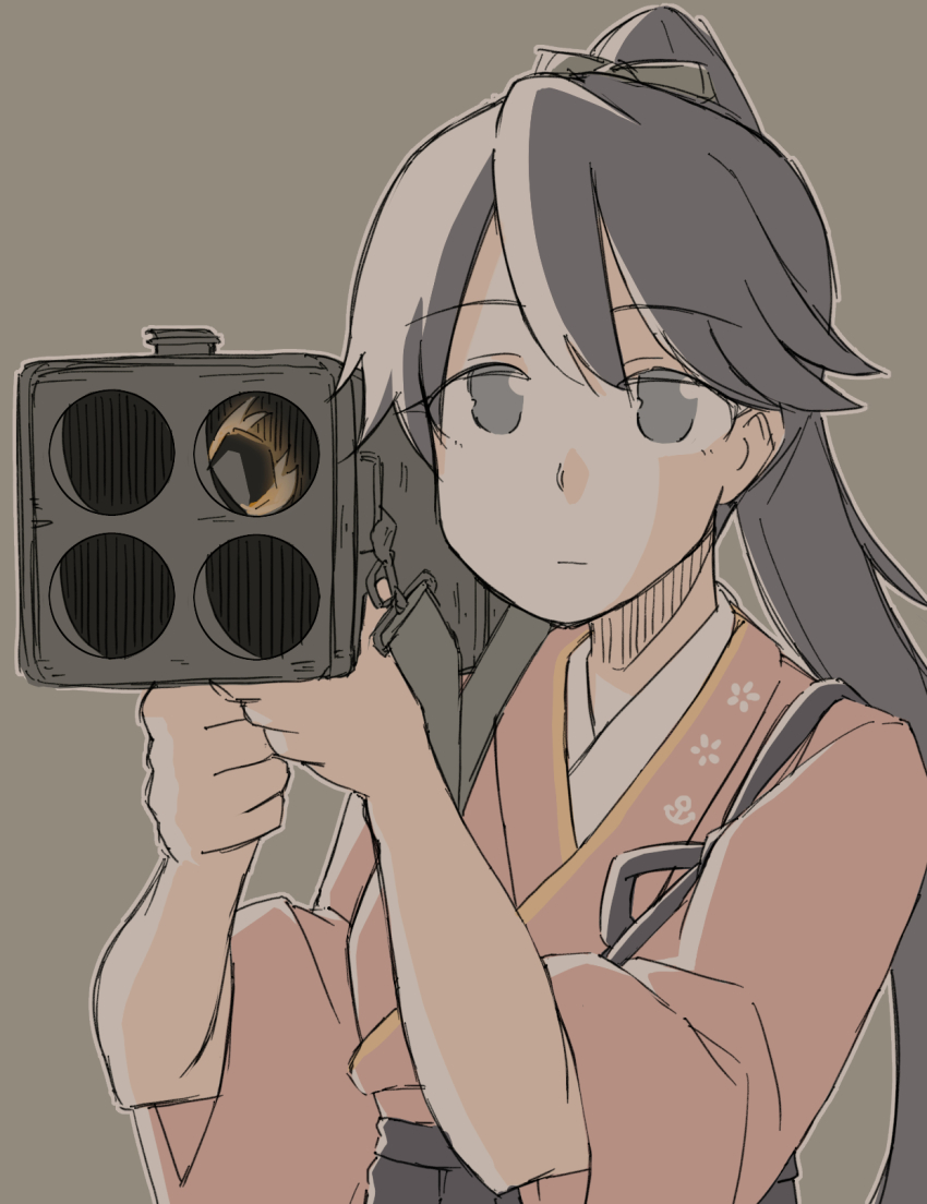1girl black_eyes black_hair black_hakama firing grey_background hakama highres houshou_(kancolle) japanese_clothes kantai_collection kimono m202_flash multiple-barrel_gun multishot_rocket_launcher pink_kimono ponytail rocket_launcher simple_background solo tatahai upper_body weapon