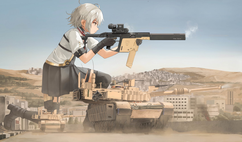 1girl absurdres ahoge black_boots black_skirt black_thighhighs boots city commission finger_on_trigger giant giantess girls&#039;_frontline gun high_heel_boots high_heels highres holding holding_gun holding_weapon kriss_usa kriss_vector magpul military military_vehicle motor_vehicle nighttsound osprey_45 outdoors pixiv_commission polygonal_suppressor short_hair silencerco silver_hair skirt smoke solo submachine_gun suppressor tank thighhighs transformational_defense_industries vector_(girls&#039;_frontline) weapon yellow_eyes