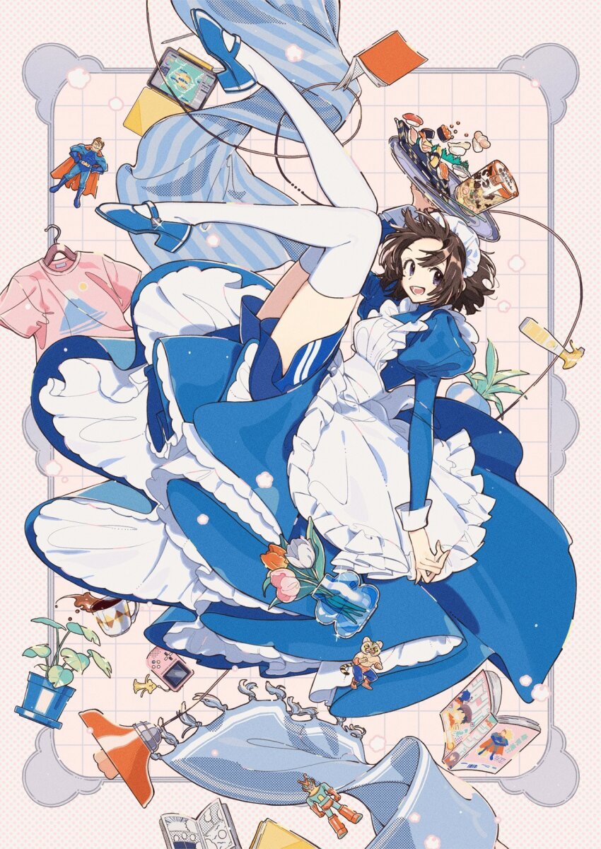 1girl action_figure apron blue_dress blue_shirt blue_shoes book border brown_eyes brown_hair clothes_hanger commentary_request dress flower frilled_dress frills game_boy grid handheld_game_console highres holding holding_tray keishin lamp layered_dress legs_up looking_at_viewer maid maid_headdress open_book open_mouth orange_flower original pink_flower pink_shirt plant polka_dot polka_dot_background potted_plant puffy_sleeves rug shirt shoes short_hair shorts shorts_under_skirt smile thighhighs tray tulip vase white_apron white_background white_flower white_thighhighs
