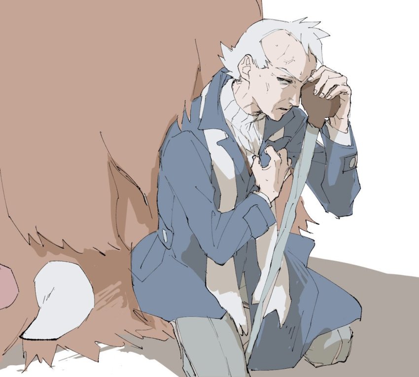 1boy cane coat commentary_request gen_2_pokemon grey_coat grey_hair grey_pants gym_leader holding holding_cane kneeling male_focus nintendo old old_man p-40_(tukinosita-de) pants piloswine pokemon pokemon_(creature) pokemon_hgss pryce_(pokemon) scarf sketch sweat sweater turtleneck turtleneck_sweater white_scarf white_sweater