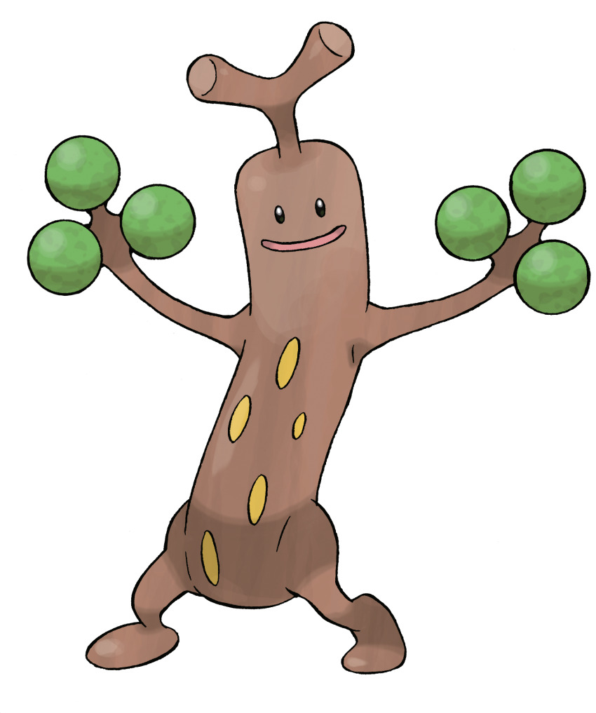 arms_up full_body gen_2_pokemon highres looking_at_viewer nintendo no_humans official_art open_mouth pokemon pokemon_(creature) pokemon_focus pokemon_hgss smile solo standing sudowoodo sugimori_ken third-party_source transparent_background