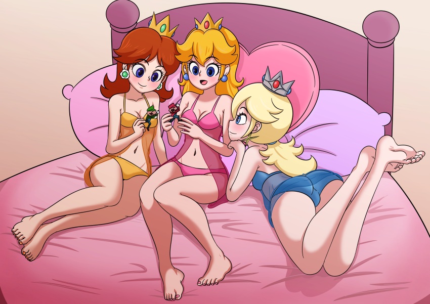 3girls absurdres ass barefoot bed bed_sheet bedroom blonde_hair blue_bra blue_eyes blue_panties blush bra breasts brown_hair crown earrings eyelashes feet female_focus figure fufan highres jewelry legs luigi mario mario_(series) medium_breasts multiple_girls nail_polish nightgown nintendo on_bed orange_bra orange_panties panties pillow pink_bra pink_panties playing princess_daisy princess_peach rosalina sleepover sleepwear smile super_mario_bros._1 super_mario_galaxy super_mario_land toenails toes tomboy toy underwear yellow_panties