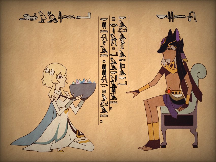1boy 1girl ancient_egyptian ancient_egyptian_clothes blonde_hair bowl cyno_(genshin_impact) dark-skinned_male dark_skin dress egyptian_art flower full_body genshin_impact grey_hair hair_flower hair_ornament hieroglyphics highres hood kneeling long_hair lumine_(genshin_impact) midriff primogem sitting utsuyeet white_dress