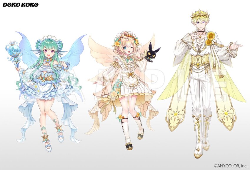 1boy 2girls :d ;d ahoge animal_print ankle_garter apron aqua_gemstone arm_at_side bare_shoulders bell berry black_boots black_cat black_choker blonde_hair blue_dress blue_eyes blue_flower blue_wings boots butterfly_print cape cat choker closed_mouth clothing_cutout collarbone collared_shirt colored_tips commentary copyright_notice corset cross-laced_clothes cross-laced_top crown detached_collar detached_sleeves double_bun dress dress_flower english_commentary fairy fairy_wings fanged_bangs finana_ryugu fins fish flower flower_ornament food frilled_dress frilled_shirt frills fruit full_body gem gold_belt green_hair green_scales hair_between_eyes hair_bun hair_flower hair_ornament hand_on_own_chest hand_up head_fins headdress heterochromia holding holding_staff jewelry jingle_bell knee_boots lace-up_boots layered_dress leaf leaf_print legwear_garter lineup long_hair long_sleeves looking_at_viewer lucie_(millie_parfait) maid_headdress millie_parfait multicolored_hair multiple_girls neck_bell neck_flower necklace nightcat nijisanji nijisanji_en official_art one_eye_closed open_mouth orange_dress orange_gemstone orange_wings outstretched_arm pants pointy_ears puffy_long_sleeves puffy_sleeves purple_eyes ribbon sample_watermark shirt shoes short_dress short_hair shoulder_cutout sidelocks simple_background smile sonny_brisko spats_(footwear) staff standing sun_necklace sun_symbol sunflower tassel virtual_youtuber watermark wavy_hair white_apron white_background white_boots white_cape white_hair white_pants white_shirt white_shoes wings yellow_corset yellow_dress yellow_flower yellow_ribbon yellow_wings