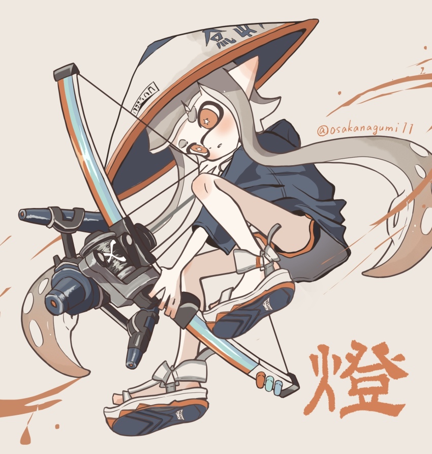 1girl black_shorts blue_hoodie bow_(weapon) colored_tips commentary_request dolphin_shorts grey_hair hat highres holding holding_bow_(weapon) holding_weapon hood hoodie inkling inkling_girl inkling_player_character long_hair multicolored_hair nintendo orange_eyes orange_hair osakanagumi11 pointy_ears rice_hat sandals shorts solo splatoon_(series) splatoon_3 star-shaped_pupils star_(symbol) symbol-shaped_pupils tentacle_hair thick_eyebrows tri-stringer_(splatoon) two-tone_hair very_long_hair weapon