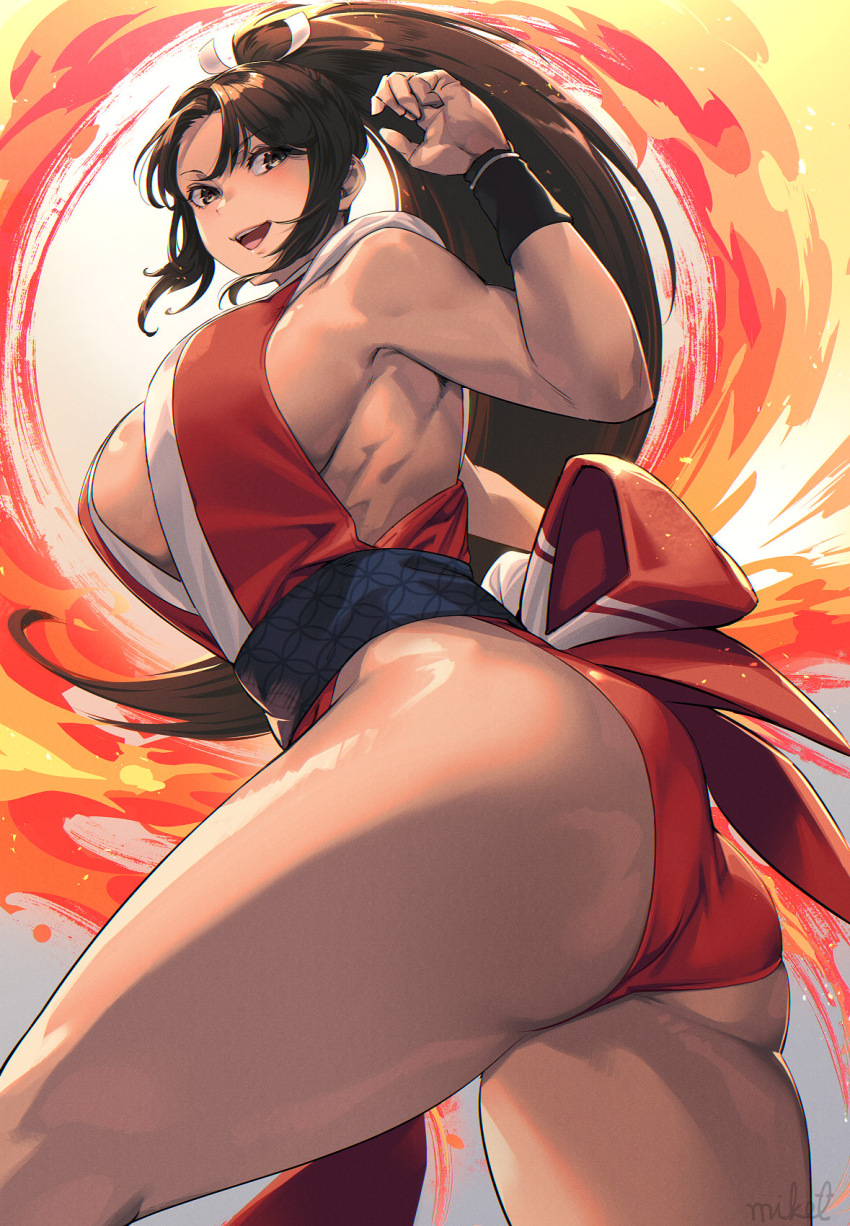 1girl bad_tag breasts brown_eyes brown_hair commentary crossover fatal_fury fire high_ponytail highres japanese_clothes large_breasts long_hair mikel_(4hands) pelvic_curtain ponytail revealing_clothes shiranui_mai solo street_fighter street_fighter_6