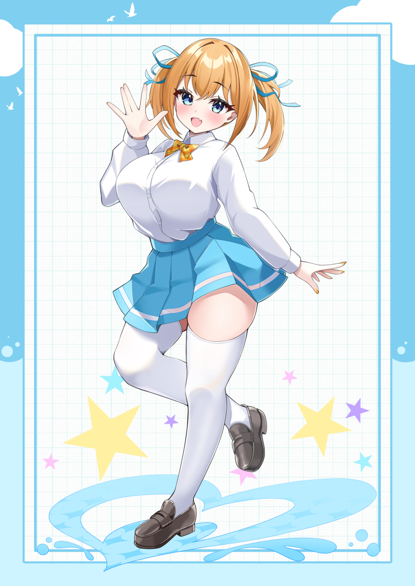 1girl absurdres aqua_skirt blue_eyes blush bow bowtie breasts brown_shoes commentary_request curvy elegant_(sumisumi4268) fang full_body hair_ribbon hand_up highres indie_virtual_youtuber large_breasts leg_up loafers long_sleeves looking_at_viewer miniskirt mizuki_minamo open_mouth orange_hair original plaid_bow plaid_bowtie plaid_clothes pleated_skirt ribbon school_uniform shirt shirt_tucked_in shoes short_hair skin_fang skirt smile solo standing standing_on_one_leg thighhighs thighs twintails virtual_youtuber white_shirt white_thighhighs yellow_nails