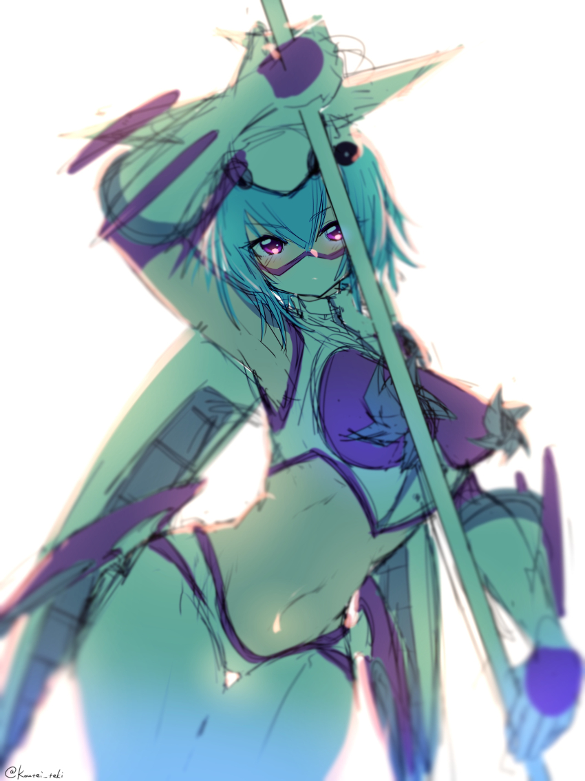 1girl absurdres aircraft airplane airplane_hair_ornament airplane_ornament arm_up armpits bare_shoulders blue_hair breasts commentary_request cowboy_shot crop_top digimon digimon_(creature) digimon_frontier gloves groin hair_between_eyes highres holding holding_staff jetsilphymon koutei_teki large_breasts looking_at_viewer mask mechanical_wings midriff mouth_mask navel ninja_mask pants purple_eyes short_hair sidelocks simple_background sketch solo staff standing tank_top thrusters twitter_username weapon white_background white_gloves white_mask white_pants white_tank_top wings