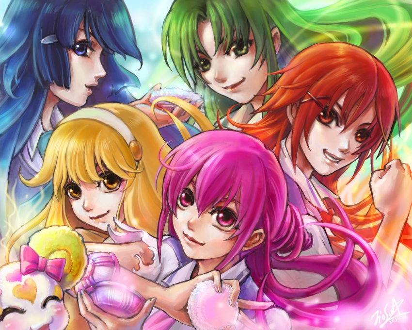 10s 5girls aoki_reika blonde_hair blue_eyes blue_hair blush bow candy_(smile_precure!) green_eyes green_hair grin hairband highres hino_akane_(smile_precure!) hoshizora_miyuki jio_sua jios kise_yayoi long_hair midorikawa_nao multiple_girls pink_bow pink_eyes pink_hair ponytail precure red_eyes red_hair short_hair smile smile_pact smile_precure! white_hairband yellow_eyes