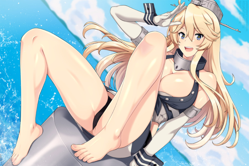 1girl bare_legs barefoot black_panties blonde_hair blue_eyes blue_sky breasts cleavage cloud commentary day elbow_gloves english_commentary floating_hair gloves grey_skirt hair_between_eyes iowa_(kancolle) kantai_collection large_breasts lindaroze long_hair looking_at_viewer no_shoes ocean open_mouth outdoors paid_reward_available panties sitting skirt sky smile solo star-shaped_pupils star_(symbol) striped_clothes striped_wrist_cuffs symbol-shaped_pupils underwear water white_gloves wrist_cuffs