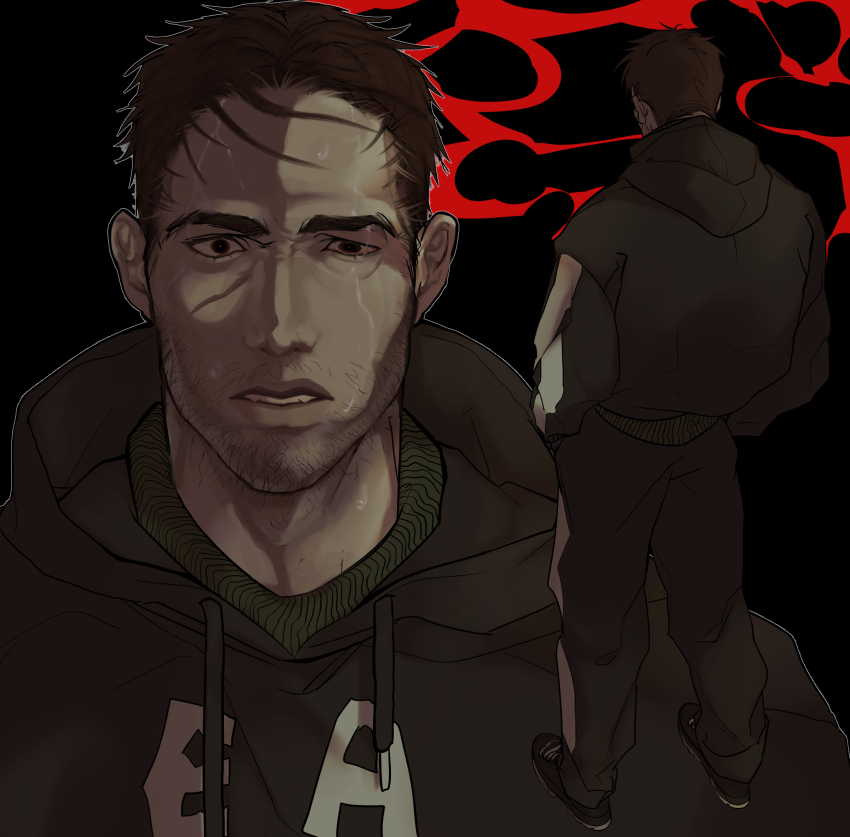 1boy absurdres afraid_of_monsters black_hoodie bloodshot_eyes brown_eyes brown_hair david_leatherhoff hands_in_pockets highres hood hood_down hoodie ju-san leukocoria looking_at_viewer male_focus messy_hair multiple_views print_hoodie scar scar_on_face shoes short_hair sidelighting sneakers sweat sweatdrop