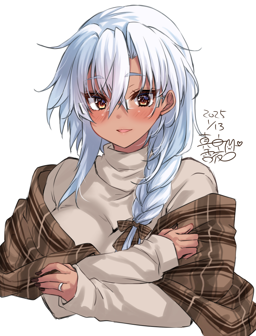 1girl absurdres alternate_costume alternate_hairstyle braid breasts brown_sweater dark-skinned_female dark_skin dated glasses gradient_nails grey-framed_eyewear grey_hair hair_between_eyes highres jewelry kantai_collection large_breasts long_hair looking_at_viewer mashiro_yukiya musashi_(kancolle) musashi_kai_ni_(kancolle) open_mouth rectangular_eyewear red_eyes ring shawl signature smile solo sweater upper_body wedding_ring white_background