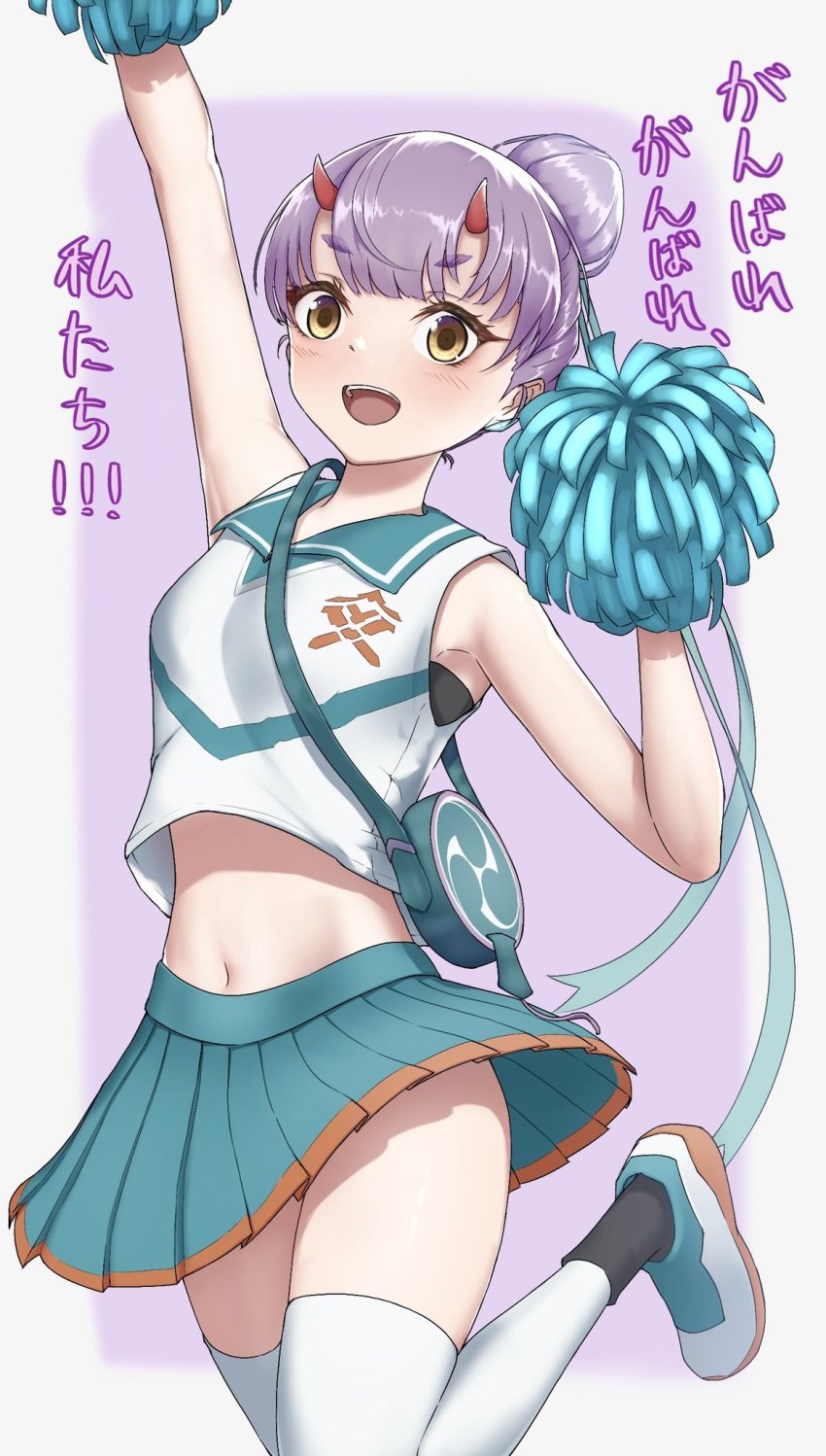 1girl :d arm_up bag black_socks blush brown_eyes commentary_request eyelashes fiona_(xenoblade) green_bag green_skirt hair_bun hand_up highres holding holding_pom_poms horns leg_up navel open_mouth pleated_skirt pom_pom_(cheerleading) pom_poms purple_hair shirt shoes short_hair shoulder_bag skirt sleeveless sleeveless_shirt smile socks socks_over_thighhighs solo sukai_222 teeth thighhighs tongue translation_request upper_teeth_only white_shirt white_thighhighs xenoblade_chronicles_(series) xenoblade_chronicles_3