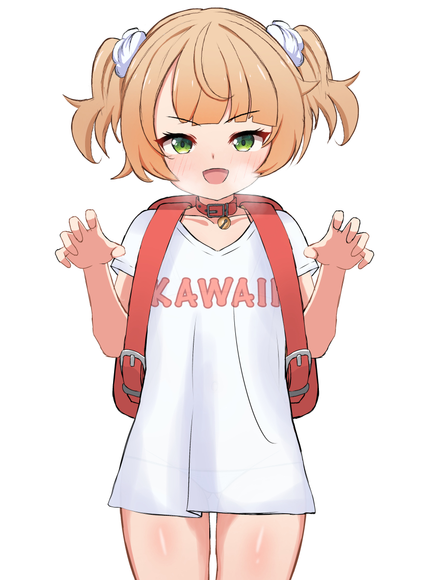 1girl :d absurdres backpack bag blush brown_hair clothes_writing green_eyes highres indie_virtual_youtuber loli looking_at_viewer open_mouth randoseru shigure_ui_(vtuber) shigure_ui_(vtuber)_(young) shirt short_hair smile solo t-shirt white_shirt zhyseven