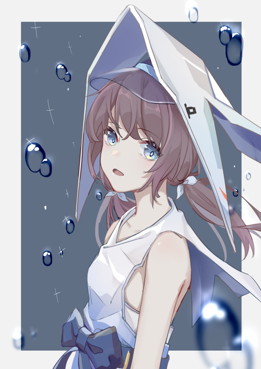 1girl :o absurdres arknights bare_shoulders blue_background blue_eyes border bow brown_hair collarbone commentary dress glint hair_bow highres huo_jian_chong_rudao_76 large_bow long_hair looking_at_viewer low_twintails outside_border purestream_(arknights) see-through_hat sleeveless sleeveless_dress solo twintails visor_cap water_drop white_border white_bow white_dress