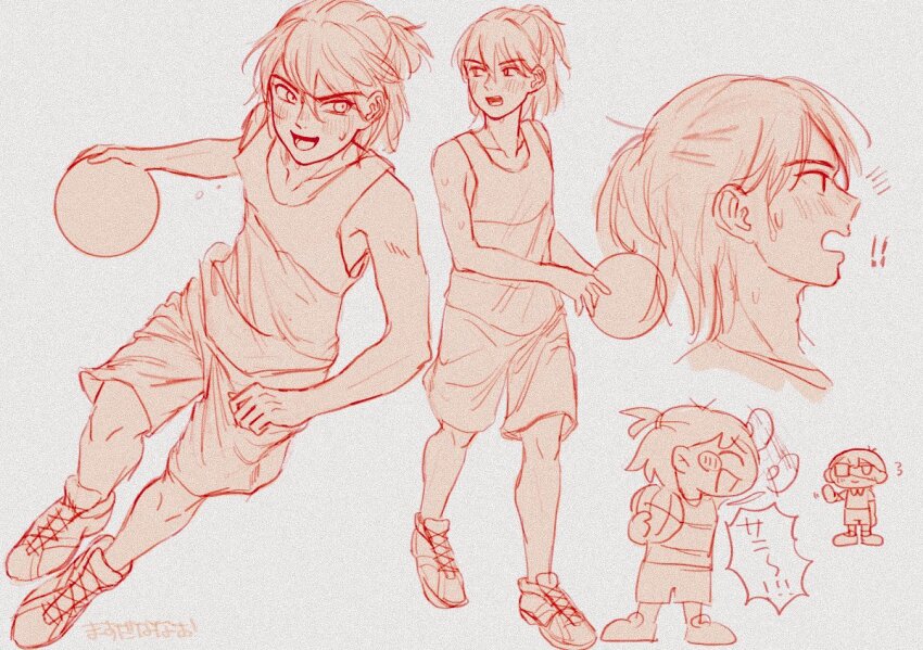 ! !! 2boys alternate_hairstyle ball chibi closed_eyes collarbone dribbling_(basketball) eyepatch flying_sweatdrops kel_(faraway)_(omori) kel_(omori) looking_at_another male_focus monochrome msdnno_kabe multiple_boys omori open_mouth shoes short_hair shorts sneakers speech_bubble spoilers sunny_(omori) sweat tongue translation_request