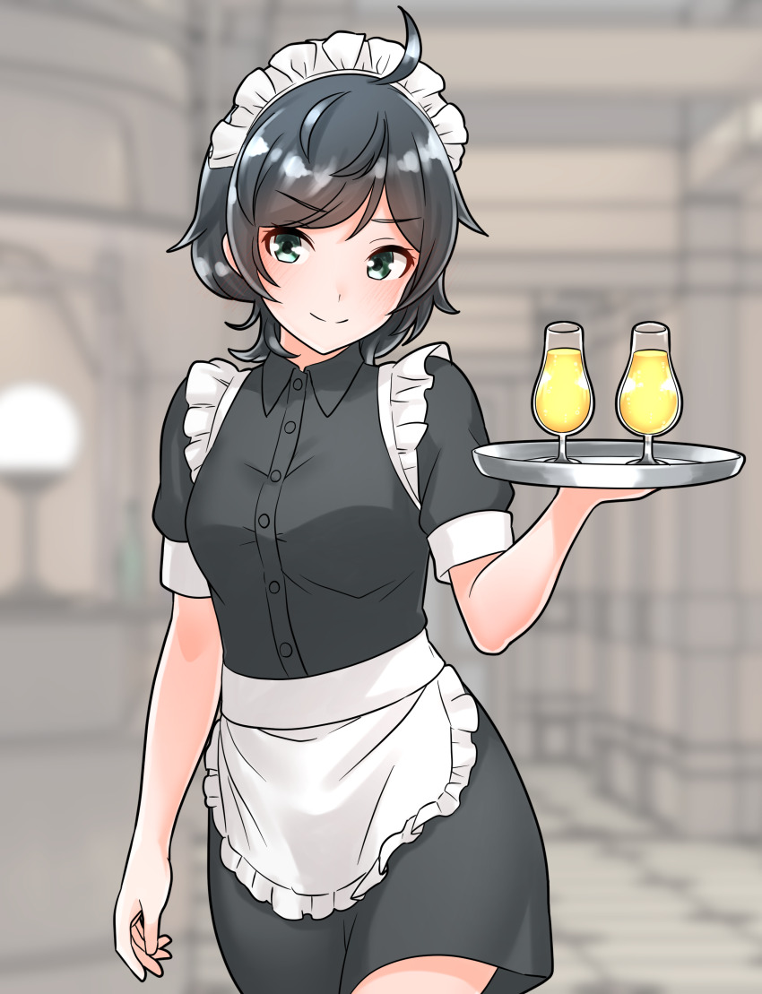 1girl absurdres ahoge apron black_dress black_hair collared_dress commentary_request cowboy_shot cup dress furaggu_(frag_0416) green_eyes highres holding holding_tray indoors kantai_collection maid maid_apron maid_headdress matsukaze_(kancolle) medium_hair short_sleeves solo standing thighs tray waist_apron waitress