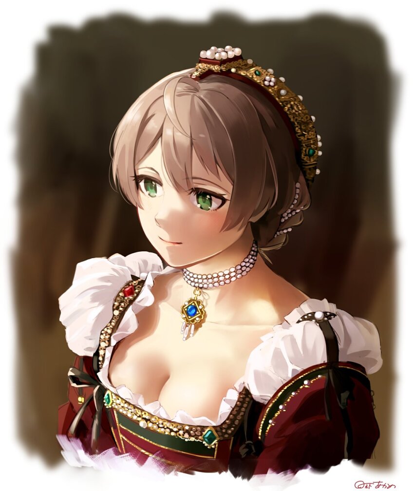 1girl ahoge blue_gemstone blurry blurry_background border breasts brown_hair cleavage closed_mouth collarbone commentary crown dress frilled_dress frills gem gold_crown green_eyes green_gemstone highres hinoshita_akame idolmaster idolmaster_million_live! idolmaster_million_live!_theater_days jewelry juliet_sleeves light_smile long_sleeves looking_to_the_side ornate_clothes pearl_choker pearl_hair_ornament pendant portrait puffy_sleeves red_dress red_gemstone sakuramori_kaori short_hair sidelocks signature solo square_neckline white_border