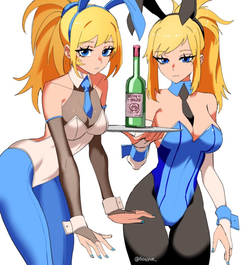 1girl 604yue animal_ears bare_shoulders black_necktie black_pantyhose blonde_hair blue_eyes blue_leotard blue_necktie blue_pantyhose bottle breasts bridal_gauntlets closed_mouth collar detached_collar detached_sleeves highleg highleg_leotard highres holding holding_tray large_breasts leotard long_hair looking_at_viewer metroid necktie nintendo pantyhose playboy_bunny ponytail rabbit_ears samus_aran shirt simple_background solo tray white_leotard white_shirt wrist_cuffs