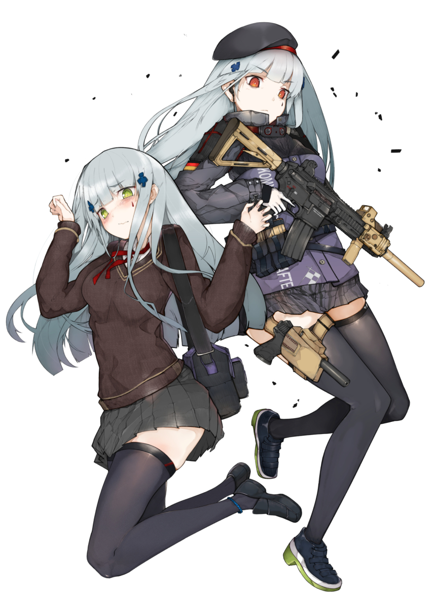 2girls alternate_eye_color ammunition_pouch assault_rifle bag beret black_footwear black_legwear black_skirt blue_hair blunt_bangs blush brown_sweater clenched_hand commentary cross_hair_ornament dual_persona earphones earplugs ekuesu embarrassed english_commentary eyebrows facial_mark frown german_flag girls&#039;_frontline gloves green_eyes gun h&amp;k_hk416 hair_ornament handgun hands_up hat highres hk416_(girls&#039;_frontline) holding holding_weapon holstered jacket jumping loafers long_hair looking_at_viewer looking_away multiple_girls optical_sight pouch purple_jacket red_eyes rifle school_uniform scope serafuku shoes shoulder_bag sight silver_hair skirt sneakers suppressor sweater tactical_clothes tattoo teardrop teardrop_facial_mark teardrop_tattoo thighhighs trigger_discipline vertical_forward_grip weapon white_gloves