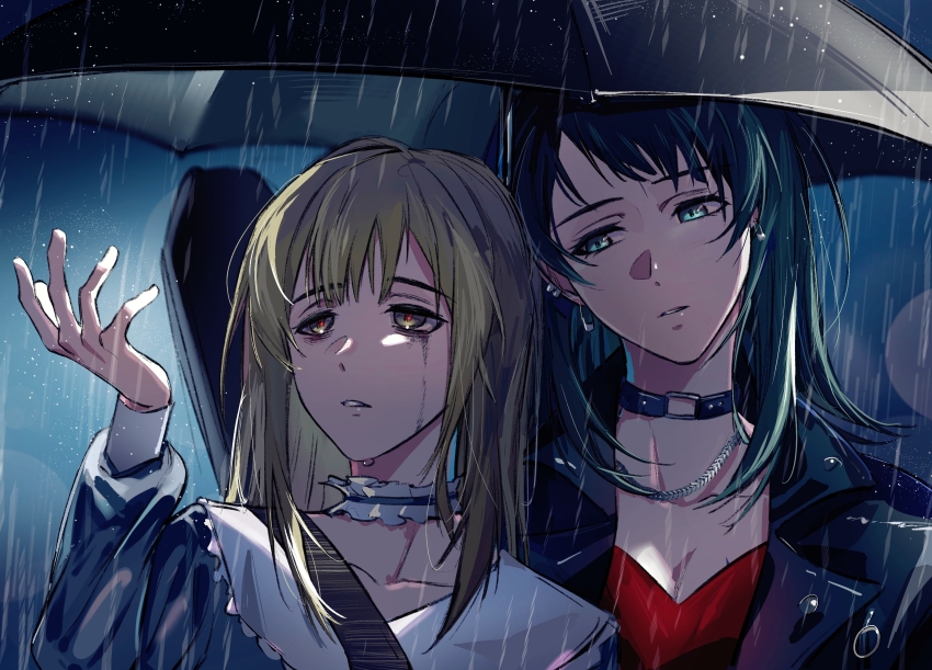 2girls absurdres bang_dream! bang_dream!_it&#039;s_mygo!!!!! black_choker black_hair black_jacket blue_dress blue_eyes chinese_commentary choker commentary_request dress frilled_choker frills green_hair grey_eyes guitar_case hand_up hero45439083942 highres instrument_case instrument_on_back jacket jewelry long_hair makeup medium_hair multiple_girls necklace o-ring o-ring_choker rain red_pupils red_shirt runny_makeup shared_umbrella shirt umbrella wakaba_mutsumi yahata_umiri