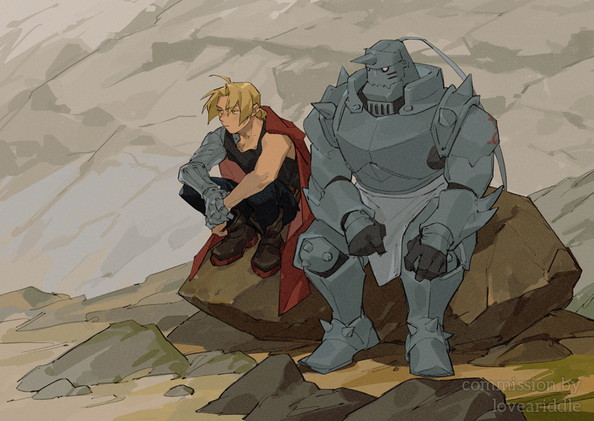 2boys ahoge alphonse_elric armor black_gloves black_pants black_shirt black_tank_top blonde_hair boots boulder brothers brown_footwear cloak commission edward_elric fake_horns full_armor full_body fullmetal_alchemist gloves helmet holding_own_wrist horned_helmet horns long_hair loveariddle male_focus multiple_boys outdoors pants parted_bangs prosthesis prosthetic_arm red_cloak rock shirt shoulder_spikes siblings sitting spiked_footwear spikes tank_top white_eyes yellow_eyes