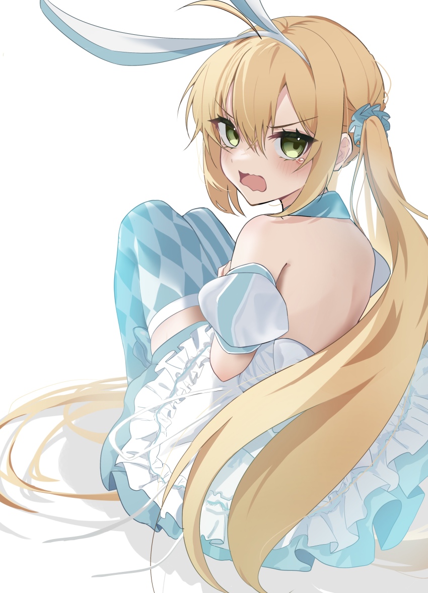 1girl absurdres ahoge animal_ear_hairband animal_ears argyle_clothes argyle_thighhighs artoria_caster_(fate) artoria_caster_(swimsuit_berserker)_(fate) artoria_caster_(swimsuit_berserker)_(second_ascension)_(fate) artoria_pendragon_(fate) asymmetrical_legwear backless_dress backless_outfit bare_shoulders blonde_hair blue_dress commentary_request dress fake_animal_ears fate/grand_order fate_(series) green_eyes hairband highres knees_up long_hair looking_at_viewer looking_back mismatched_legwear open_mouth puffy_short_sleeves puffy_sleeves rabbit_ears short_sleeves sidelocks striped_clothes striped_thighhighs tearing_up thighhighs twintails user_ngzk8825