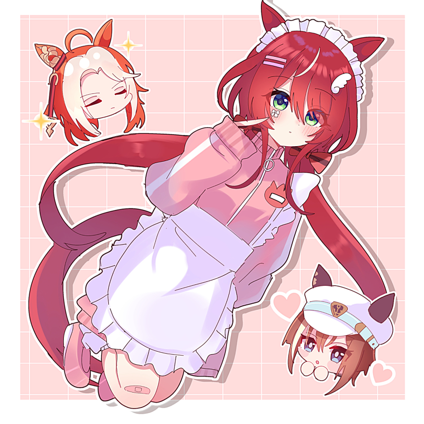 3girls ahoge animal_ears apron blush breasts brown_hair cheval_grand_(umamusume) closed_eyes closed_mouth full_body green_eyes hair_between_eyes hair_ornament hat highres horse_girl jersey_maid long_hair looking_at_viewer low_twintails maid maid_headdress medium_hair multiple_girls orfevre_(umamusume) red_hair ribbon shiroiro_obake simple_background small_breasts solo_focus twintails umamusume unconventional_maid win_variation_(umamusume)