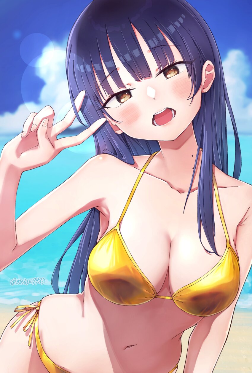 1girl absurdres beach bikini black_hair blue_hair blush boku_no_kokoro_no_yabai_yatsu breasts brown_eyes cleavage collarbone commentary_request day gold_bikini highres large_breasts leaning_forward lens_flare long_hair looking_at_viewer medium_breasts meiax mole mole_on_neck multiple_moles navel ocean open_mouth outdoors side-tie_bikini_bottom sky solo string_bikini swimsuit twitter_username v yamada_anna
