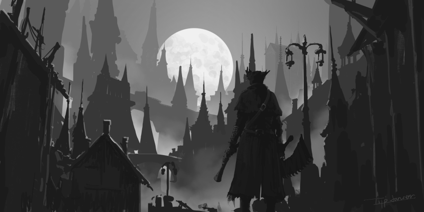 1other ambiguous_gender bloodborne bridge city from_behind gun hat highres holding holding_gun holding_weapon hunter_(bloodborne) long_sleeves moon night outdoors short_sleeves tricorne tripdancer weapon
