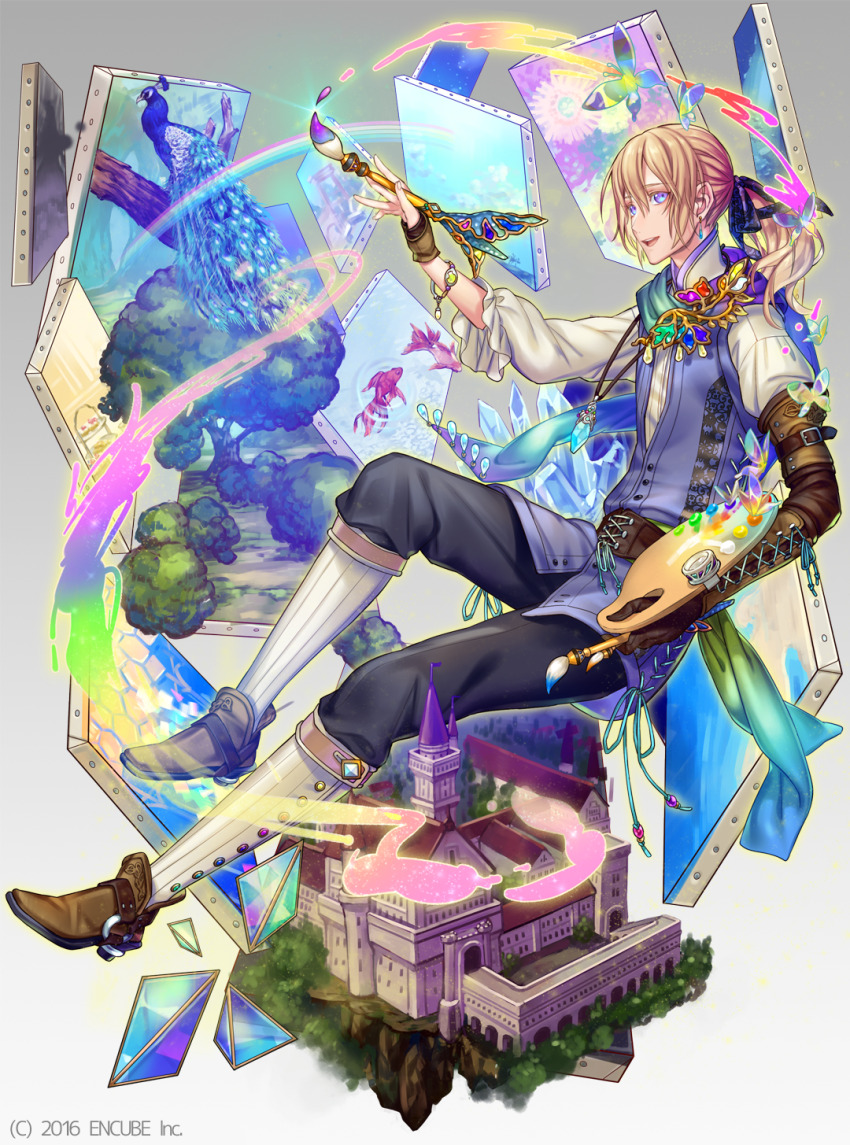 1boy :d aqua_scarf arm_guards asymmetrical_gloves bird black_pants blonde_hair blue_gemstone blue_sash blue_scarf bracelet brooch brown_corset brown_gloves brown_shoes bug butterfly canvas_(object) castle copyright_notice corset crystal earrings elbow_gloves erakis fingerless_gloves fish frilled_sleeves frills full_body gaiters gem gloves goldfish gradient_background gradient_clothes gradient_scarf green_gemstone green_sash grey_background hair_between_eyes hair_over_shoulder hair_ribbon highres holding holding_paint_palette holding_paintbrush holding_paint_palette ice ichiko_milk_tei insect invisible_chair jewelry long_hair long_sleeves looking_at_viewer male_focus mandarin_collar multicolored_scarf official_art open_mouth paint_palette paint_splatter paintbrush painting_(action) painting_(object) paint_palette pants peacock pendant ponytail prism purple_eyes purple_ribbon purple_scarf purple_tunic ribbon sash scarf shirt shoes sideways_glance simple_background single_arm_guard sitting smile solo themed_object through_medium through_painting tree tunic uneven_gloves white_shirt
