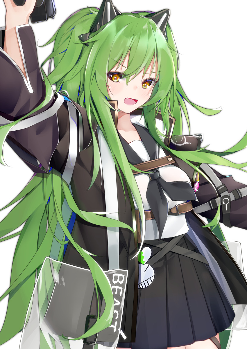 1girl absurdres animal_ears calico_light_weapons_systems calico_m950 calico_m950a cheek_pistol double-stack_magazine fake_animal_ears girls&#039;_frontline green_hair gun handgun helical_magazine high-capacity_magazine highres holding holding_gun holding_weapon jacket kotoha_(kotoha65) long_hair m950a_(girls&#039;_frontline) m950a_(mod3)_(girls&#039;_frontline) machine_pistol mod3_(girls&#039;_frontline) open_mouth pistol school_uniform solo very_long_hair weapon white_background yellow_eyes