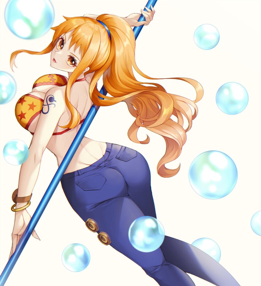 1girl ass bangle bare_shoulders bikini bikini_top_only blue_pants bracelet breasts brown_eyes bubble cleavage clima-tact commentary crazy_otama denim dimples_of_venus feet_out_of_frame from_behind halterneck high_ponytail highres holding holding_staff jeans jewelry large_breasts log_pose long_hair looking_at_viewer looking_back nami_(one_piece) nami_(one_piece)_(punk_hazard) official_alternate_costume official_alternate_hairstyle one_piece orange_hair pants ponytail print_bikini red_trim shoulder_tattoo sidelocks solo staff star_(symbol) star_print swimsuit tattoo tongue tongue_out wavy_hair white_background yellow_bikini
