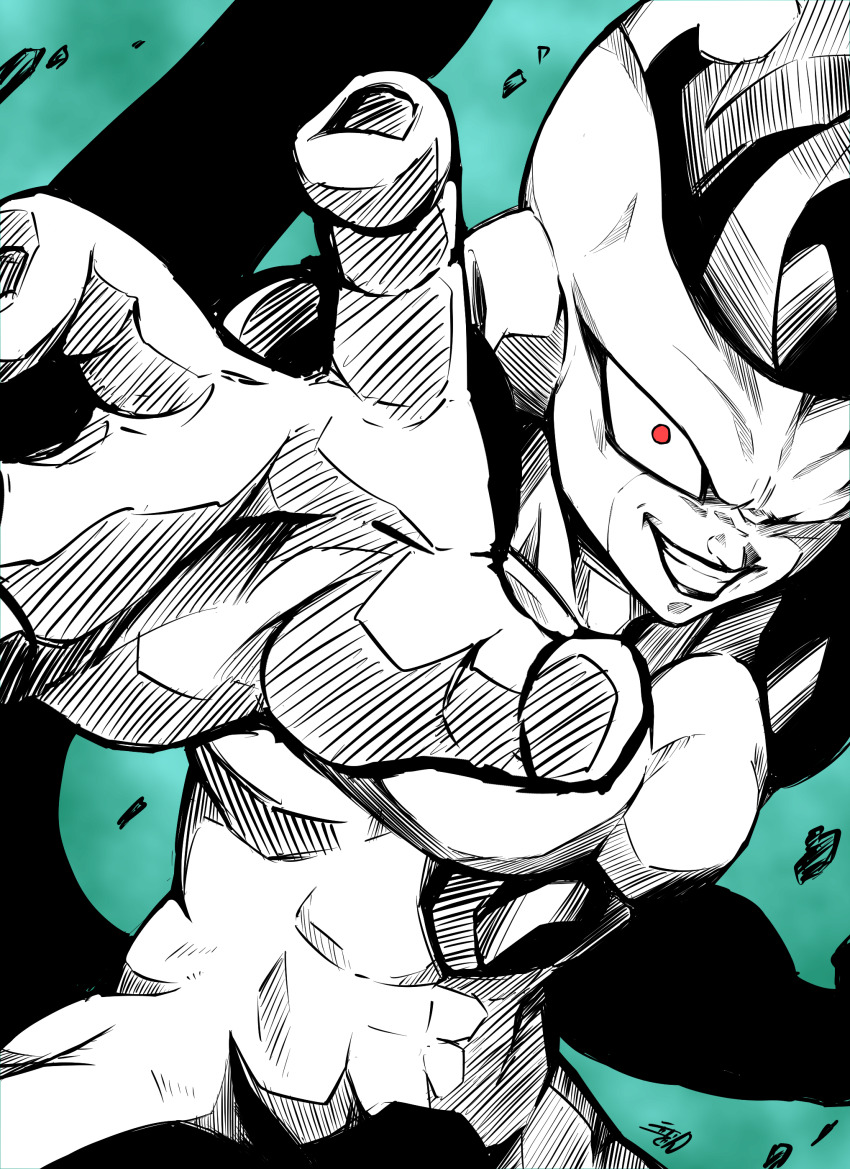 1boy abs absurdres bald black_lips chinese_commentary commentary_request dragon_ball dragonball_z evil_smile final_form_frieza frieza green_background highres liedein male_focus nose one_eye_closed partially_colored reaching reaching_towards_viewer red_eyes shirt signature smile smirk solo tail teeth topless_male upper_body v-shaped_eyebrows white_shirt