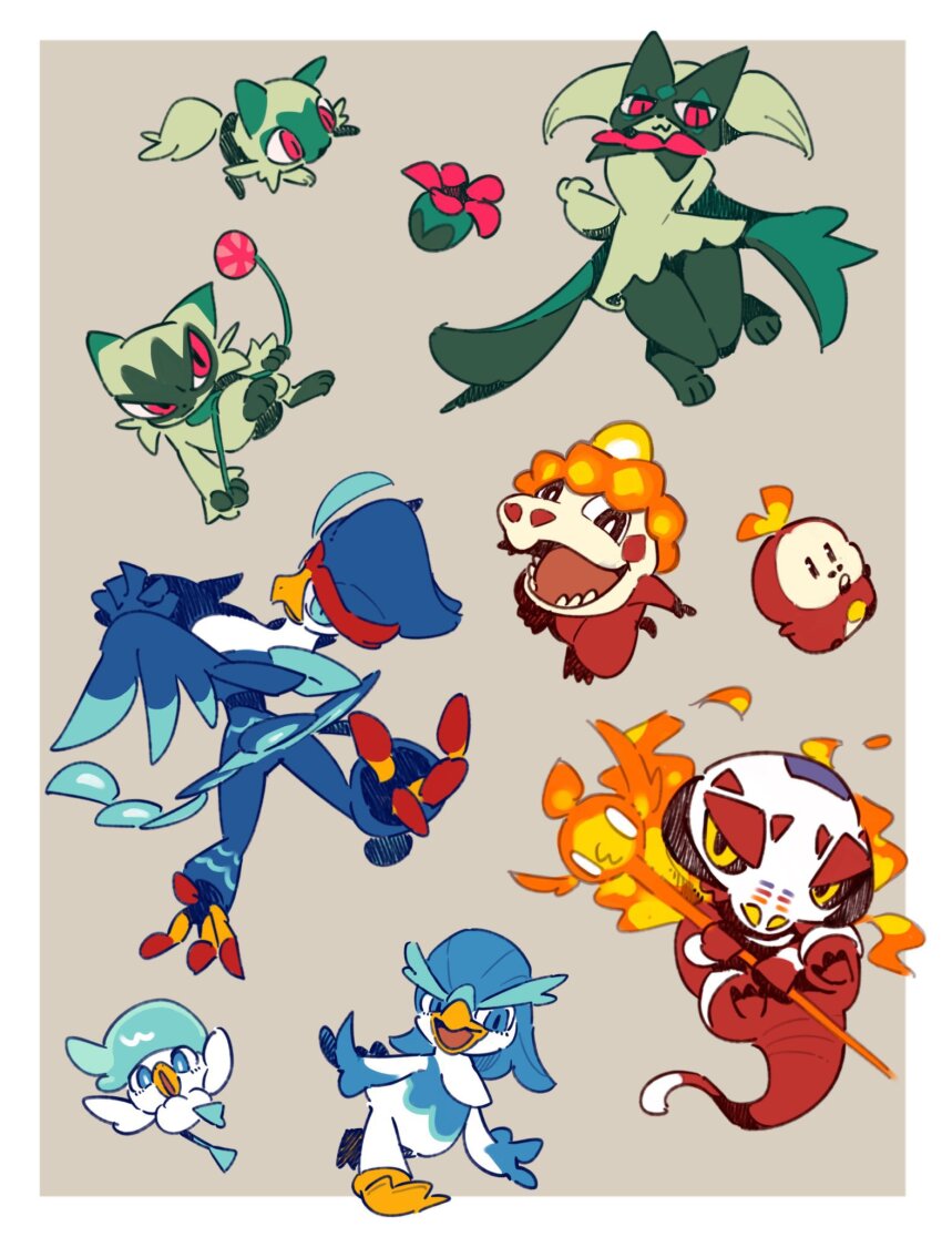 animal_focus bagutyu beak bird black_eyes blue_eyes border cat colored_skin crocalor crocodilian duck fire_bird_(skeledirge) floragato fuecoco green_fur grey_background highres meowscarada nintendo no_humans pokemon pokemon_(creature) quaquaval quaxly quaxwell red_eyes skeledirge sprigatito starter_pokemon_trio tail white_border white_skin yellow_eyes