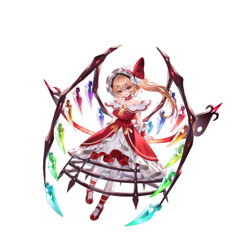 1girl alternate_costume bare_shoulders blonde_hair choker collarbone crystal crystal_wings flandre_scarlet frilled_hairband frills full_body game_cg hairband highres laevatein_(touhou) looking_at_viewer mary_janes multicolored_wings non-web_source off-shoulder_shirt off_shoulder official_art one_side_up pantyhose red_choker red_eyes red_shirt red_shoes red_skirt second-party_source shirt shoes skirt smile solo touhou touhou_gensou_eclipse transparent_background u_u_zan white_hairband white_pantyhose wings wrist_cuffs