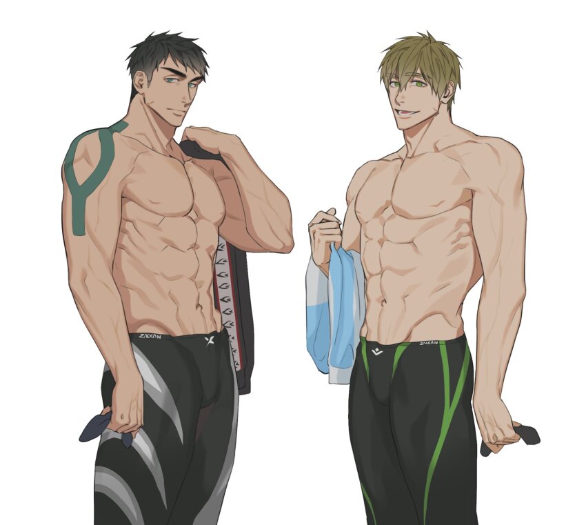 2boys abs bara black_hair black_jacket black_male_swimwear blue_jacket brown_hair free! goggles highres holding holding_goggles holding_jacket holding_unworn_clothes jacket jammers large_pectorals male_focus male_swimwear multiple_boys muscular muscular_male navel nipples pectorals short_hair simple_background smile tachibana_makoto topless_male unworn_jacket white_background yamazaki_sousuke zac_kan